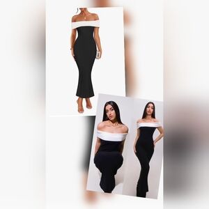 NWT Zesica Black‎ and White Off-Shoulder Maxi Dress